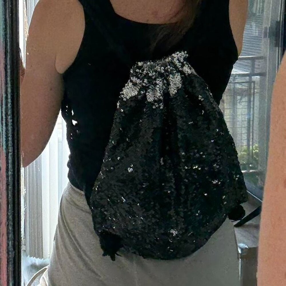 Black Sequin Drawstring Backpack - image 4